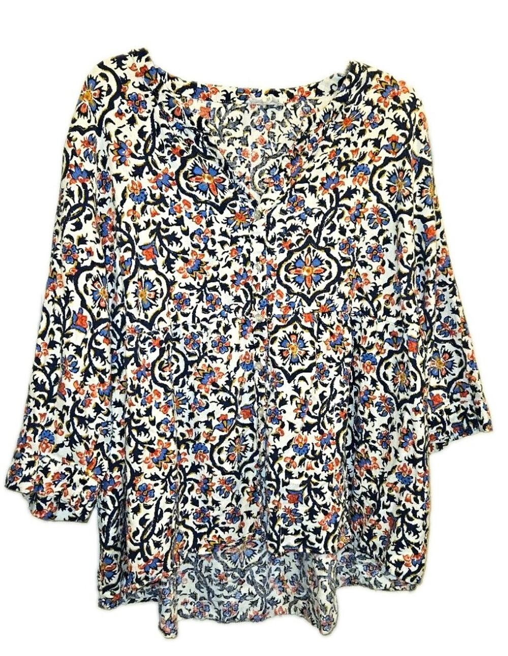 Panama Jack Linen Blend Button Front Blouse 3/4 Sleeve 3X Floral Blues Orange